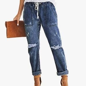 Distressed denim joggers with elastic waist
